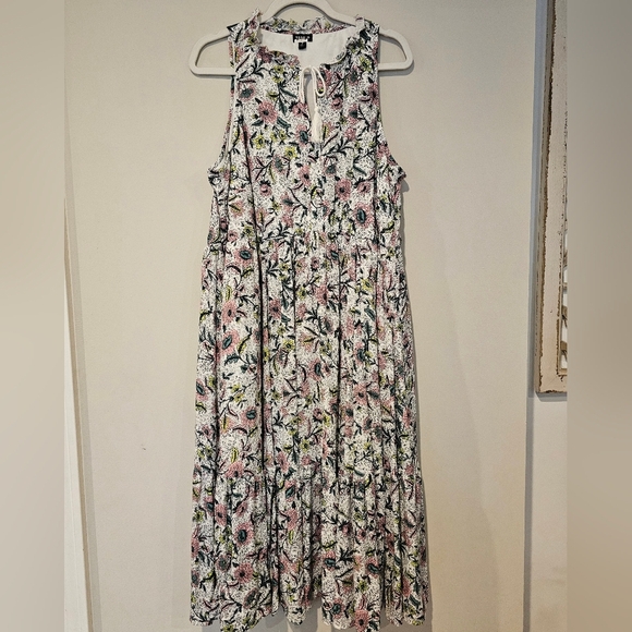 Torrid Size 2X Midi Wash Gauze Tiered Dress White Pink Chessie Linework Floral - Picture 2 of 10